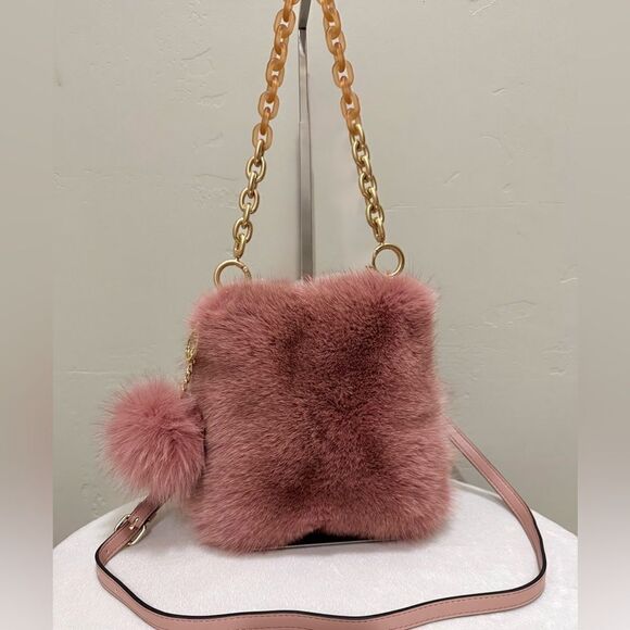 Dusty Rose Premium Real Fox Fur Wristlet/Phone Pouch/Crossbody & Fur Ball Charm - Picture 1 of 14